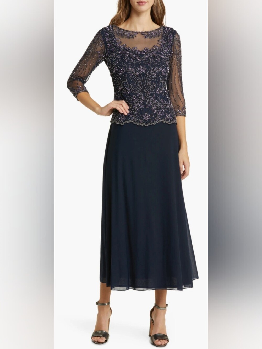 Pisarro Nights D2321 Beaded Mesh Mock Two-Piece Midi Gown NWT Size 8 Navy Blue